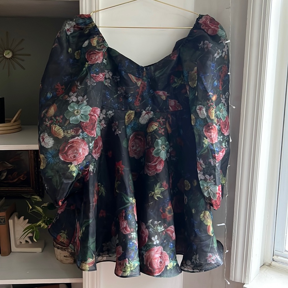Dark floral long sleeve selkie mini puff sleeve dress